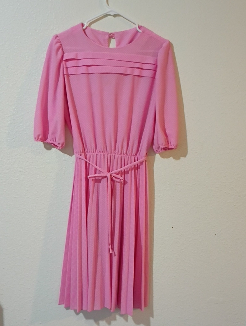 Vintage Pink Pleated Midi Dress with Waist Tie - Women's